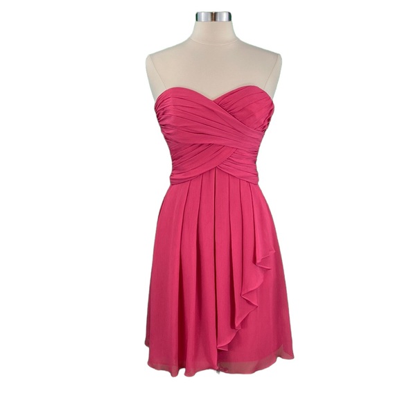 David’s Bridal Begonia Pink Cascade Ruffle Strapless Bridesmaid Dress - Picture 1 of 16
